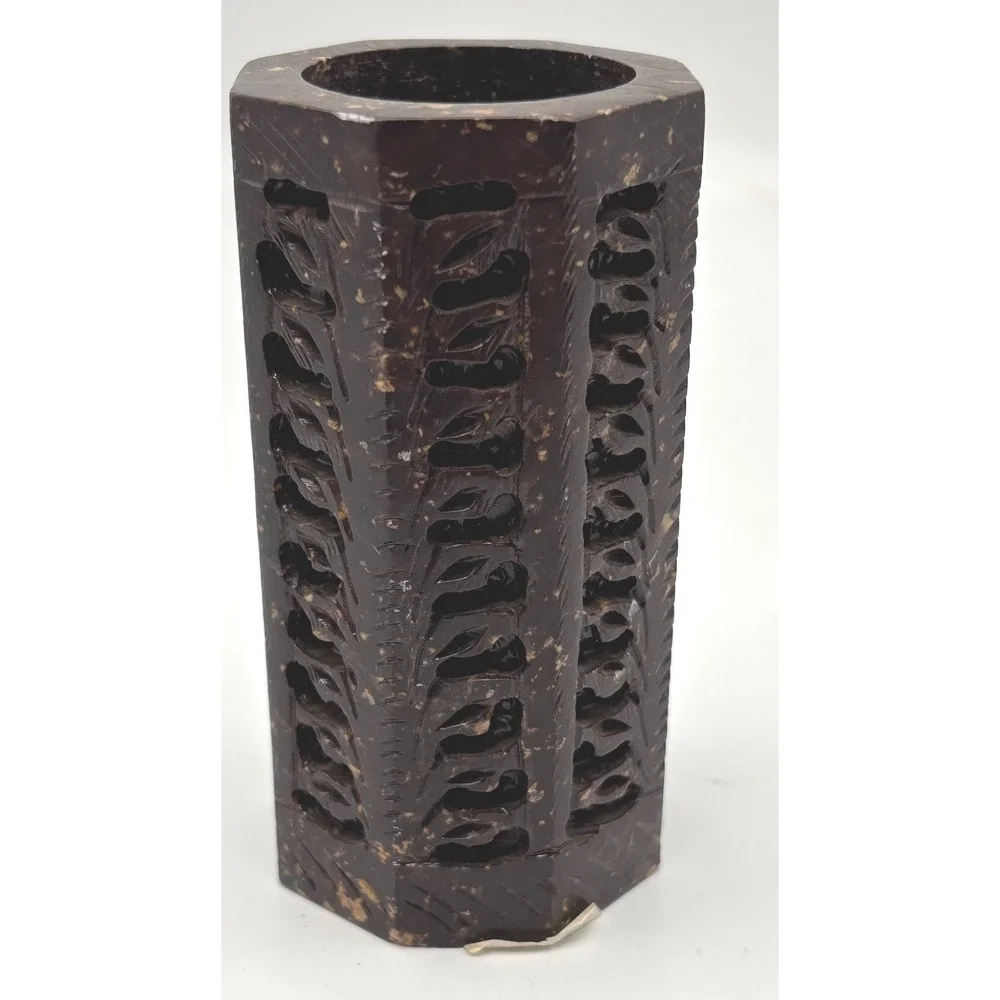 Hand Carved Soapstone Pen Stand Pierced Botanical Hexagon Dark Stone Vase 4in